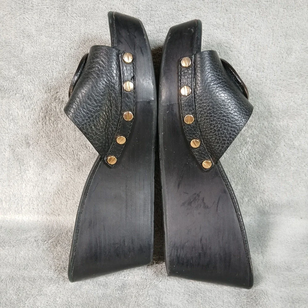 Tory Burch Wedge Sandals Womens 8M Miller Studded Clog Black Pebbled Leather